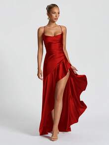 Sexy Ruffled Hem Lace-Up Backless Split Dress, Party Dress, For Cocktail, Valentine's Day - Red - View 8