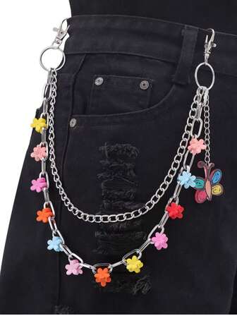 1pc Women's Fashion Colorful Floral Hair Clip Accessory With Metal Chain, Dopamine Butterfly Pendant Pants Chain, Stylish & Cute, Suitable For Jeans, JK Skirt