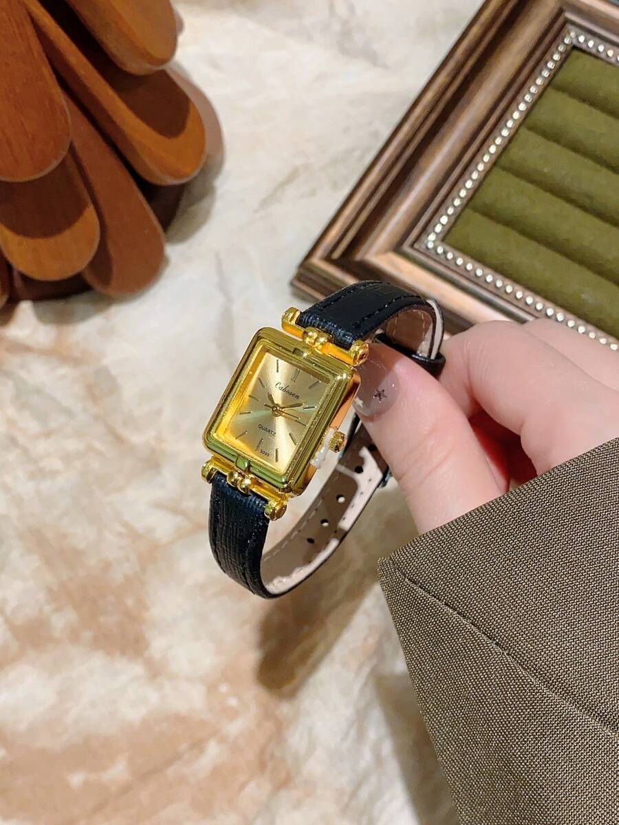 1 件装矩形石英表带手表，精致小巧，适合日常佩戴，可作为生日/新年/圣诞节礼物 - 黑色 - 查看 1