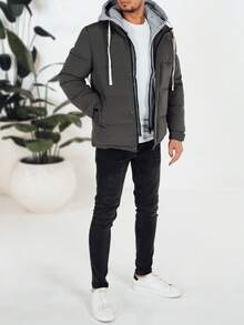 Men's Winter Quilted Hooded Jacket, Synthetic Padded Warm Jacket With Zip Closure, Stylish Urban Jacket Suitable For Cold Weather, With Pockets And Adjustable Cuffs, Comfortable Men's Everyday Jacket. - Grey - View 2