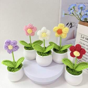 1件手工编织多色绒球花盆栽，精致绒球花盆栽摆件，适用于各种场合，家居装饰，汽车装饰，节日礼物