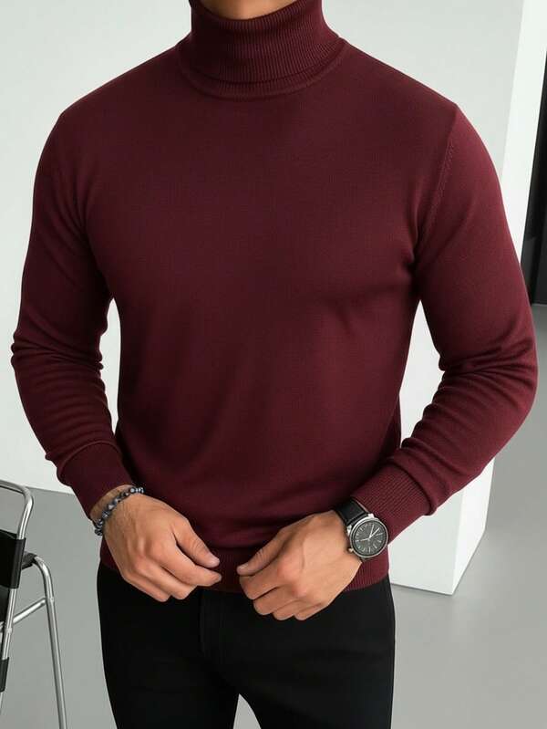 Pulover bărbătesc cu umeri normali, mânecă lungă, guler înalt, versatil pentru purtare zilnică, tricotat