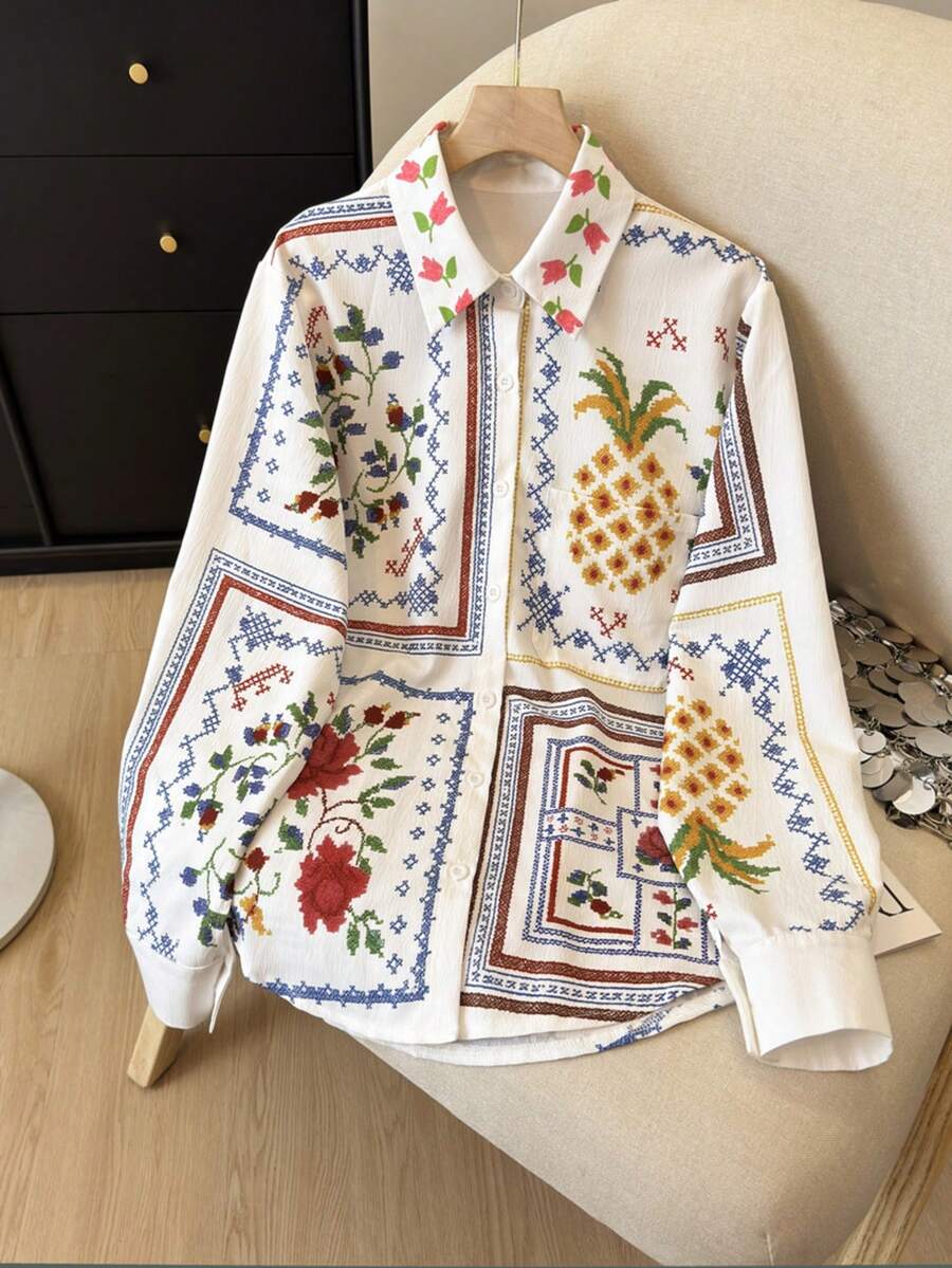 1. 女士衬衫，饰有四格花卉水果定位印花，长袖单排扣开衫，休闲衬衫，优雅精致的阿拉伯风格女士上衣，适合节日、宴会和聚会等场合穿着。 - 白色 - 查看 1