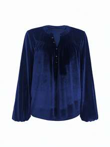New Plus Size V-Neck Solid Color Casual Commuter Button-Up Long Sleeve Blouse For Women, Autumn/Winter - 藏青色 - 查看 7