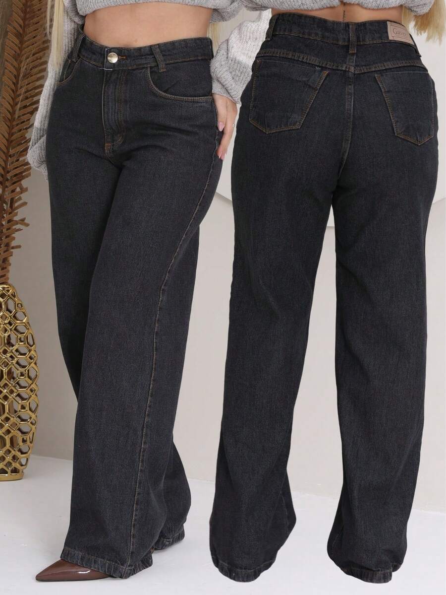 Women's Wide Leg Jeans, Marbled Pattern, Thick Premium Fabric, 100% Denim - 查看 1