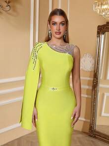 Love Aing New Arrival Women's Formal Dress, Rhinestone Embellished Turtleneck Bodycon Dress, Elegant Mesh Splice Evening Gown For Wedding, Party, Banquet