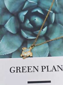 1件18K镀金不锈钢波西米亚蓝海龟吊坠项链，夏威夷海洋生物海滩度假颈链 - 金黃色 - 查看 2