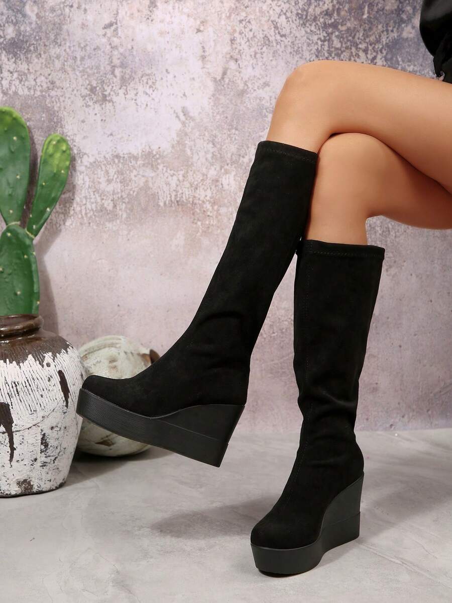 秋冬新款女士圆头坡跟高筒靴，厚底防水弹力过膝靴 - 黑色 - 查看 1
