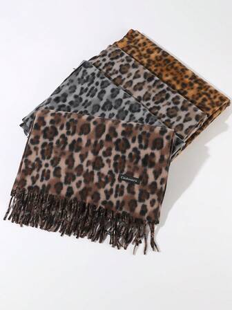 1pc Leopard Print Women Scarf, Soft & Warm With Tassels, Fashionable Neck Wrap & Shawl
