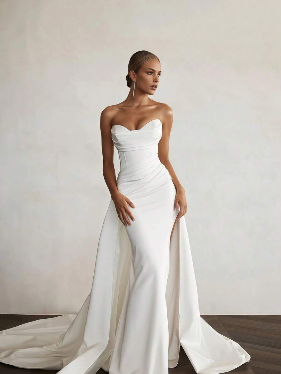 Elegant Sexy Off Shoulder Mermaid Satin Wedding Dresses,Bridal Gowns  Registry Office Dresses,Evening Party Dress Birthday Party Dress,Romantic Church Ceremony Wedding Dress,Suitable For Wedding,Dating,Party,Singles' Party,Vacation,Formal Occasions,Dinner Dress,Prom Dress,Homecoming Dress,Cocktail Party,Wedding Guest Dress,Graduation - 白色 - 查看 1