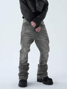 直筒喇叭牛仔裤，百搭时尚水洗牛仔裤，棉质斜插口袋长裤