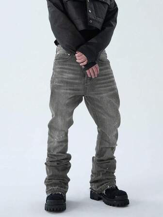 Straight Leg Flared Jeans, Versatile Fashion Washed Denim Pants, Cotton Slant Pocket Trousers