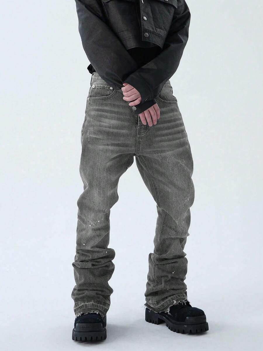 直筒喇叭牛仔裤，百搭时尚水洗牛仔裤，棉质斜插口袋长裤