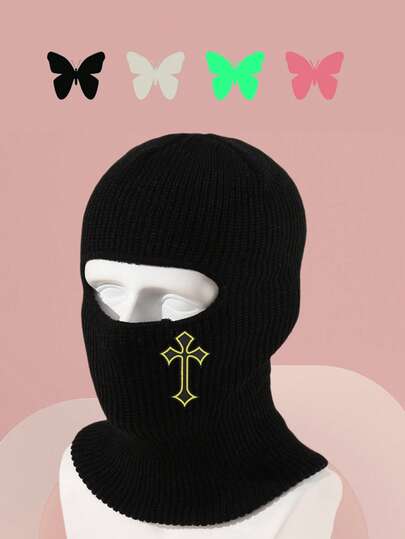 1pc Single-Hole Thermal Knit Face Mask, Cross Print Design Knit Face Mask | Winter Head Cover | Full-Face Cover Unisex | Winter Outdoor Sports
