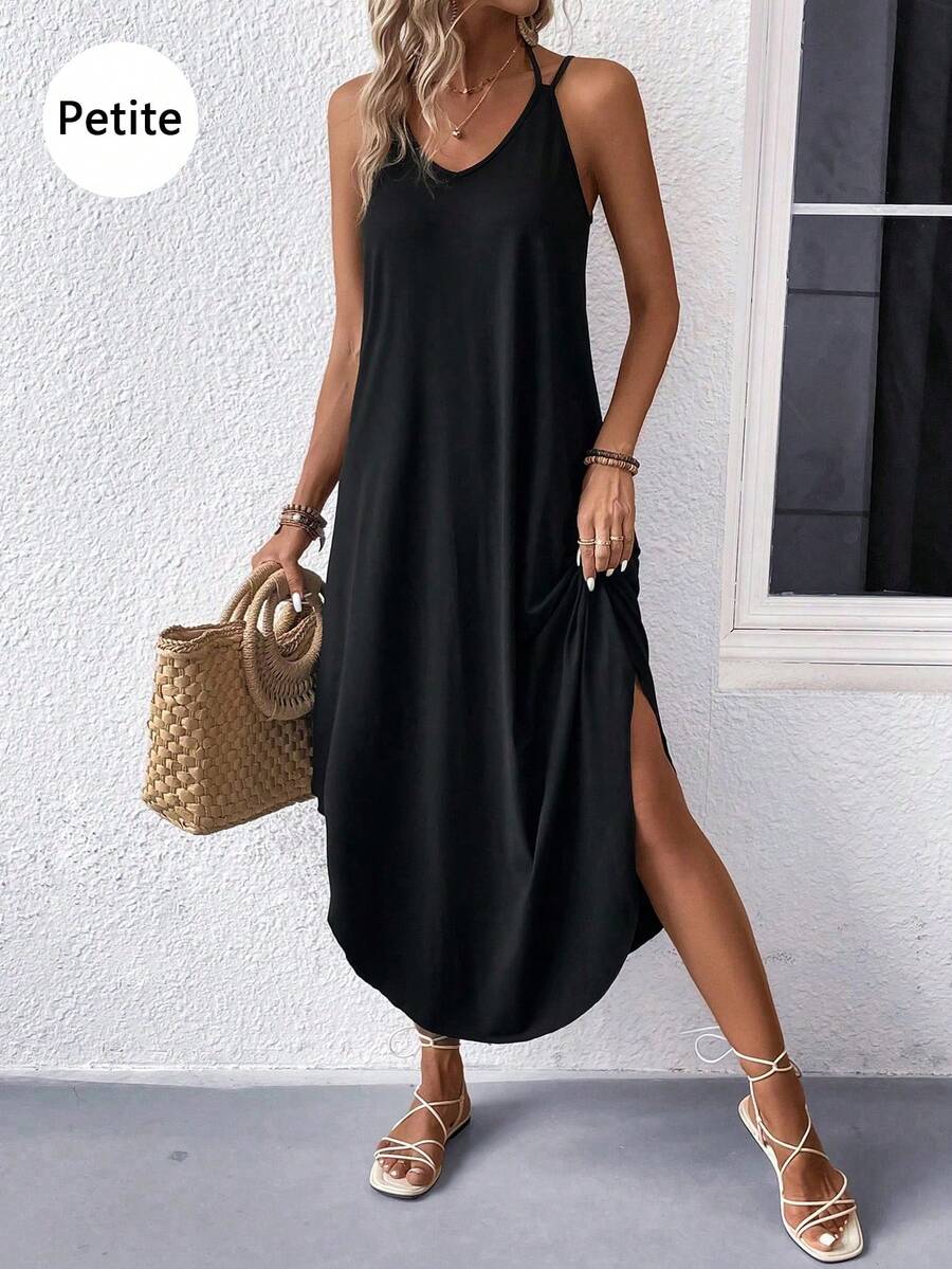 Vestido largo de cuello halter para mujer de talla pequeña, minimalista de alta gama y estilizador - Negro - Ver 1