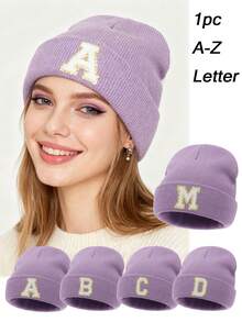 1pc Unisex Personalized Embroidered A-Z Letter Elastic Knit Beanie Hat, Fashionable Streetwear Knit Cap, Suitable For Autumn/Winter Daily Wear - Purple - View 1