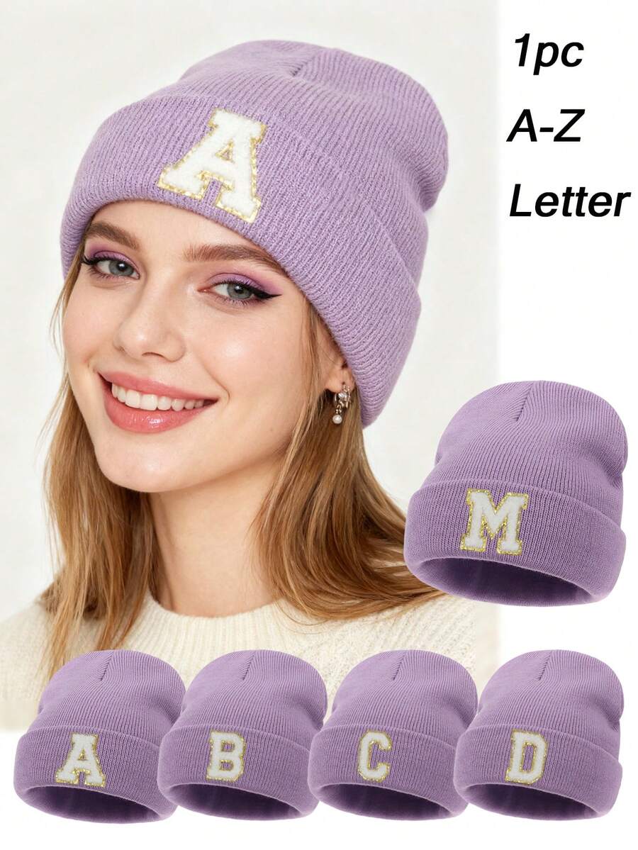 1pc Unisex Personalized Embroidered A-Z Letter Elastic Knit Beanie Hat, Fashionable Streetwear Knit Cap, Suitable For Autumn/Winter Daily Wear - Purple - View 1