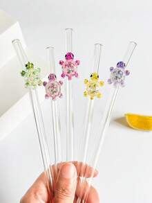 1支/1套可重复使用的玻璃吸管，带海龟吊坠，可爱可弯曲透明玻璃吸管，带清洁刷，适用于厨房配件、水杯、冷饮、奶茶、咖啡、果汁、冰沙、厨房、餐厅、鸡尾酒会、返校季、送给女朋友/男朋友、父母、朋友的礼物、节日用品。 - 款式1 - 查看 3