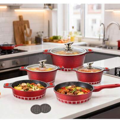 Zestaw naczyń kuchennych z nieprzywierającą powłoką ceramiczną i marmurem, w dwóch kolorach, odpowiednich do wszystkich kuchenek (zawiera garnki i patelnie o różnych rozmiarach oraz żaroodporną podstawkę pod garnek), odpornych na ciepło i łatwych do czyszczenia