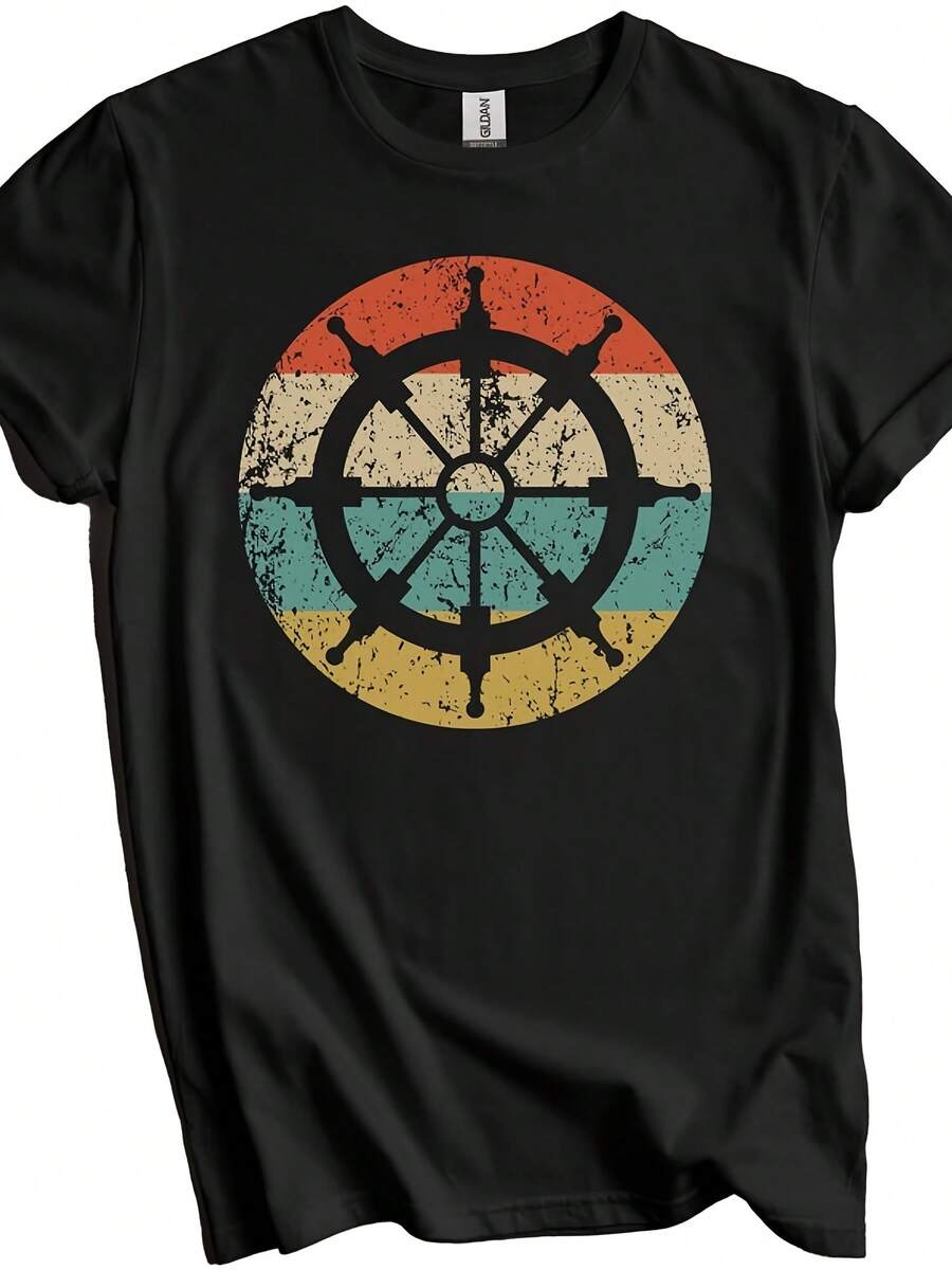 Sailing Shirt - Sail Boat Gift - R Nautical Sailboat Steering Wheel Icon T-Shirt,This Fun Printed Casual T-Shirt Is The Perfect Gift For Valentine's Day/Christmas - 款式1 - 查看 1