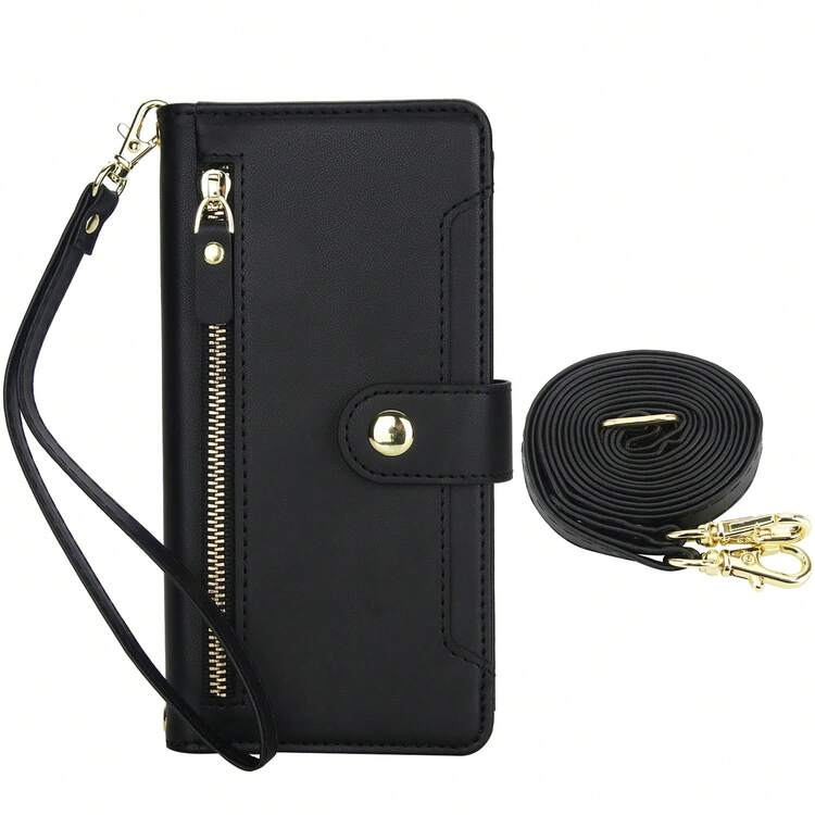 适用于 17E、17 Air、16E、16、15、14 Plus、13、12 Mini、11 Pro、X、XS Max、XR、8、7 Plus、SE 5G（2022、2020）、SE3、SE2 的斜挎 PU 仿皮钱包式手机壳，带支架、拉链、RFID 防盗刷功能，并配有腕带。 - 黑色 - 查看 35