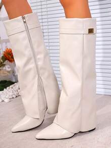 2025秋冬女士翻边过膝长靴，尖头高跟靴，时尚侧拉链米色长靴，优雅修身女士过膝长靴，春/复活节鞋履 - 米色 - 查看 7