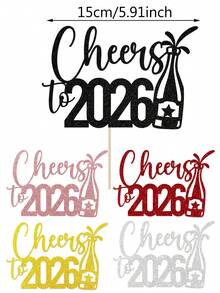 1个黑色/金色/银色/玫瑰金/红色“Cheers To 2026”新年蛋糕装饰插牌，新年快乐主题蛋糕装饰签，欢迎来到2026新年蛋糕装饰，新年除夕派对 - 彩色 - 查看 9