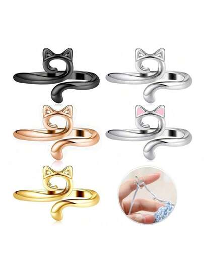 1/5件装可爱动物戒指编织钩针环指套金属开口纱线导向钩针环可调节编织快速编织顶针支架配件，适用于编织和钩针，混色，时尚纱线制作钩针环，是送给妈妈奶奶、姐妹朋友和爱猫人士的理想礼物（多色）