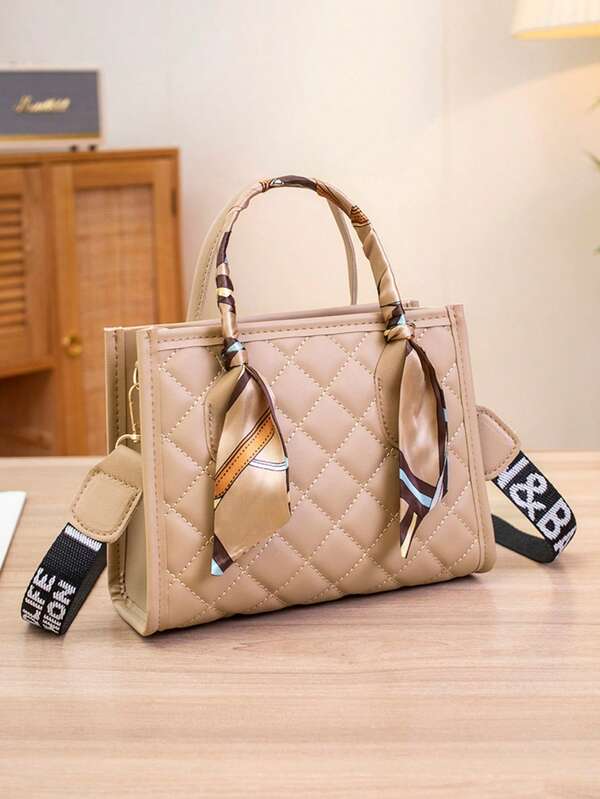 1 pieza Bolso negro, Bolso de hombro minimalista de moda de unicolor para mujer, Maletín unisex, Bolso de mano con forma de rombo, Viene con decoración de bufanda que necesita atado manual DIY, Decoración de correa en inglés, Bolso de hombro de unicolor, Bolso cuadrado pequeño, Bolso cruzado para ir al trabajo