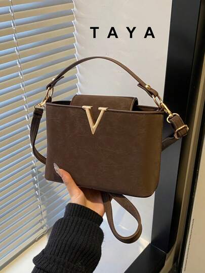 Fashionable Mini Solid Color Minimalist Metal Lock Decor Waterproof PU Tote Bag, Suitable For Shopping, Carrying, Young Women, College Students, Young Professionals, Office Ladies. Perfect For Office, School, Work, Business, Commuting, Outdoor Activities, Travel And Short Trips.