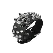 Brazalete de cuero negro exagerado con remaches, brazalete de remaches con picos, brazalete gótico punk de motocicleta, brazalete de cuero ancho, brazalete de puño, brazalete de hebilla metálica, unisex - Negro - Ver 13