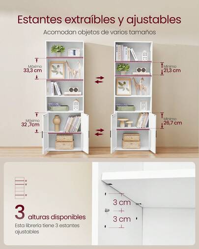Librería, Estantería Vertical de 6 Niveles, con Puertas, Mueble Estanterias Almacenaje, 24 x 60 x 175 cm, para Salón, Estudio, Oficina, Comedor,Blanco Nube