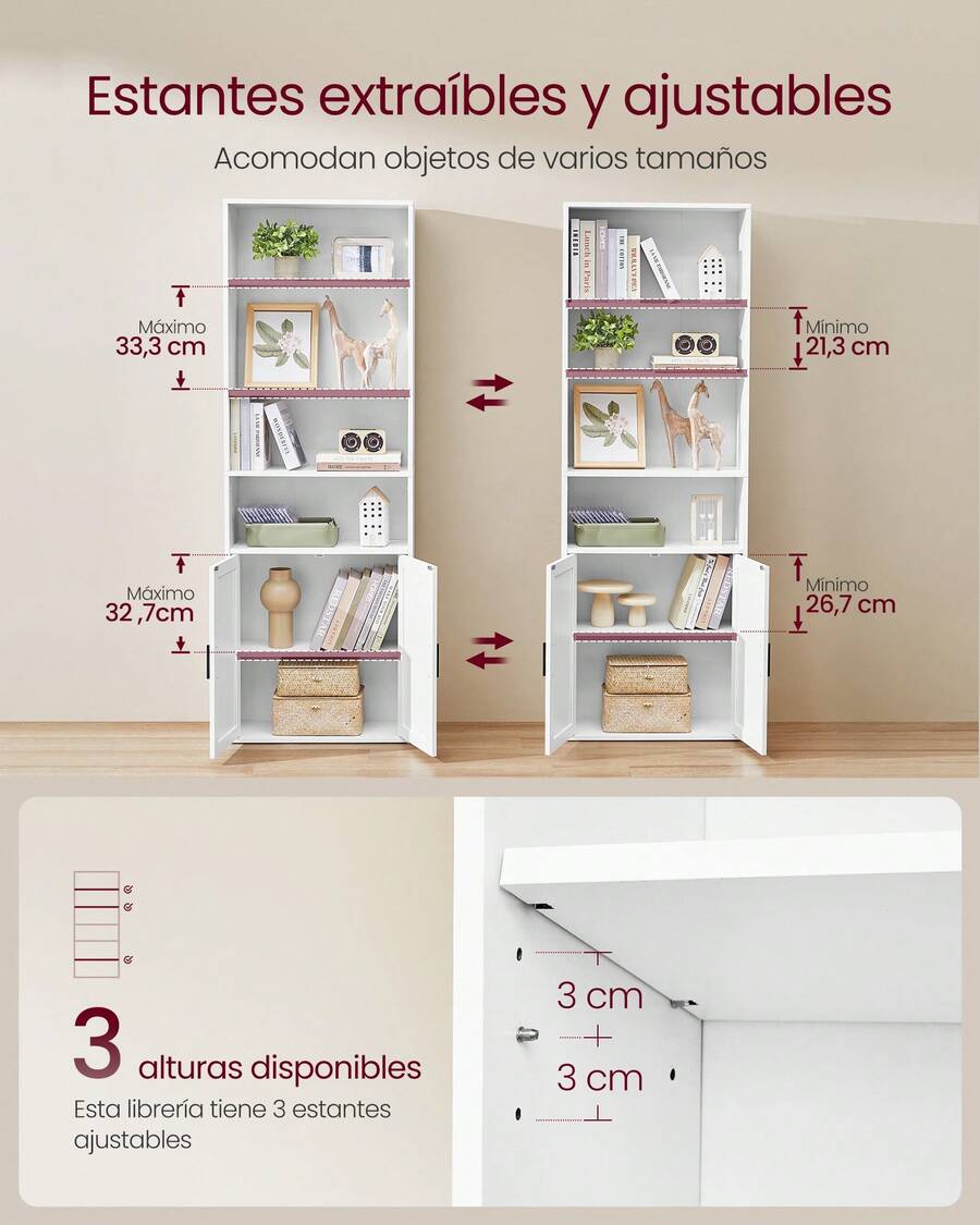 Librería, Estantería Vertical de 6 Niveles, con Puertas, Mueble Estanterias Almacenaje, 24 x 60 x 175 cm, para Salón, Estudio, Oficina, Comedor,Blanco Nube - Weiss - Übersicht 1