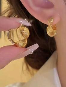 1 对时尚小众设计编织线环耳环，优雅几何扭曲纹理耳环 - 幾何 - 查看 9