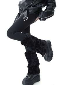 1 par de calentadores de piernas acogedores con forro polar de piel de conejo falsa, gruesos y cálidos para el invierno y el otoño, con estilo Y2K para mujeres - Multicolor - Ver 9