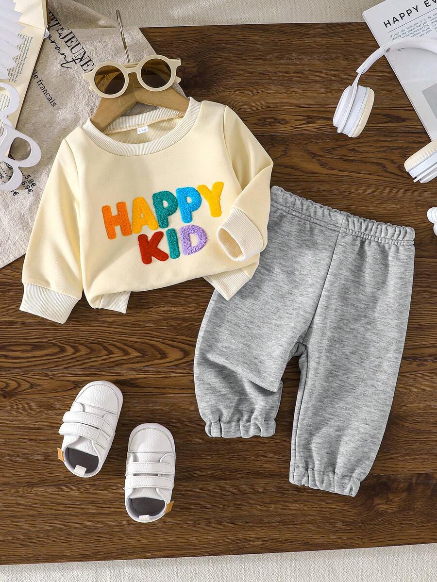2件套男婴休闲可爱刺绣字母长袖运动衫和纯色运动裤套装 - 淺灰色 - 查看 1