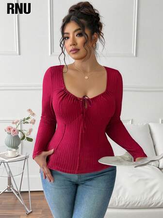 RNU Plus Size Women's Elegant High Elasticity Ribbed Knit Fabric, Drawstring Neckline Design, Front Tie Bow Decor, Bodycon Waist Shaping, New Arrival Plus Size Women's Fashion Versatile Outerwear, Suitable For Concerts, Outings, Night Dates, Holidays, Long Sleeve T-Shirt
