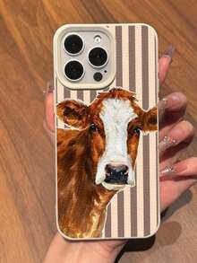 Vertical Striped Creative Cow Print Pattern Phone Case, White Leather Texture TPU Soft Shell, Compatible With IPhone XR 11 12 13 14 15Plus 16Pro Max 17Air Series, Suitable As A Gift For Family And Friends - Multicolor - View 3