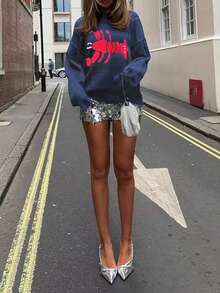 GLOpass Women's Autumn/Winter Casual Commuter Cute Lobster Pattern Relaxed Knit Sweater, Round Neck Pullover Oversized Knitwear Top