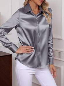2026 New Elegant Solid Color Button-Down Long Sleeve Shirt, Classic Workwear Blouse For Women Spring - Grey - View 6