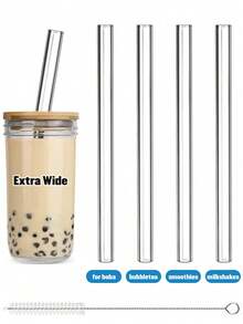4pcs Glass Boba Straws Reusable, 14mm Extra Wide Glass Straws Shatter Resistant Clear Jumbo For Drinking Bubble Tea, Milkshakes And Smoothies, Straight And Bent With Cleaning Brushes - Multicolor - View 1