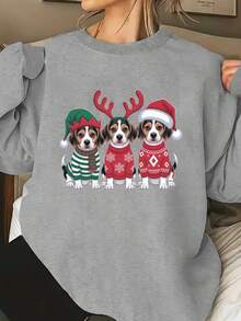 Sudadera Navideña de Cachorros Beagle para Mujer - Suéter Gris Acogedor con Cuello Redondo y Estampado de Perritos en Gorras Elfo & Santa,  Otoño Invierno Impreso a Largo Plazo Amantes Perro Lavable Maquina - Oscuro - Ver 8