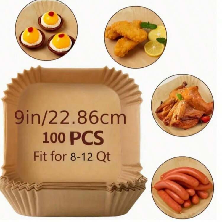 100 9-tums fyrkantiga pergamentpapper för airfryer - naturligt oblekt träpergament, lämplig för 5-8 liters airfryer, non-stick, lämplig för jul, Halloween, påsk, Thanksgiving - Multifärgad - Visa 4