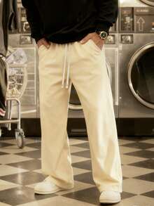 1 件男士抽绳腰宽松阔腿休闲运动裤，秋冬 - 棕色 - 查看 4