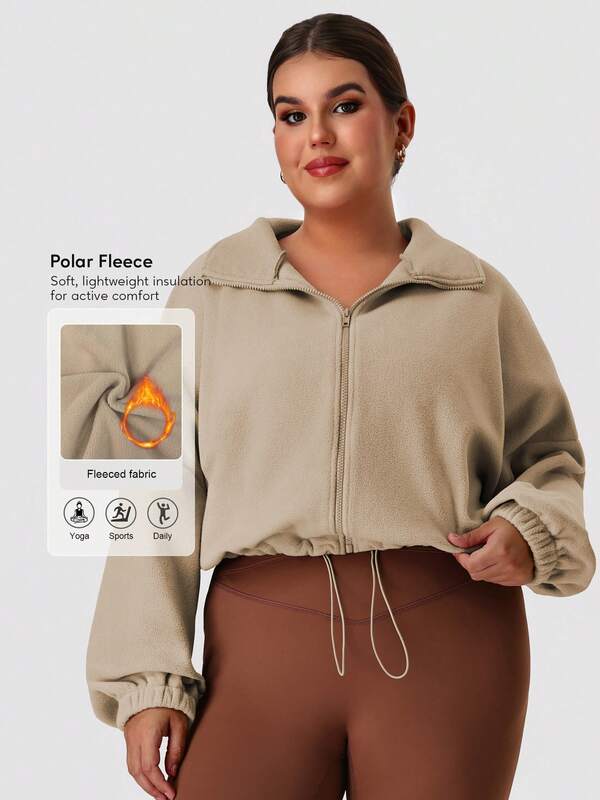 Sodalemon Women Casual Training Outdoor Plus Size Gym Coat Zipper Polar Fleece Full Zipper Yoga Outcoat Drawstring Waist Loose Running Sport Jacket