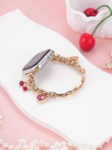 1pc New Shiny Leather Watch Band With Shell, Cherry, Heart, Moon Pendant, Metal Material, Compatible With Apple Watch 38mm 40mm 41mm 42mm 44mm 46mm 45mm 49mm, Compatible With Ultra 3 2 1 SE 11 10 9 8 7 6 5 4 3 2 1, Watch Replacement Accessory (Watch Not Included) - Gold - View 5