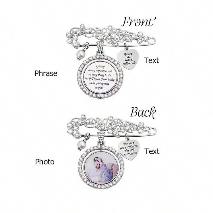 Personlig blå brudbukettberlock - Anpassad foto- och hjärtformad brosch, sentimental kristallpärla present till bruden - Multifärgad - Visa 7