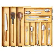 TFKI Bamboo Silverware Drawer Organizer With Labels Kitchen Utensil Expandable Tray Holder Organizer For Flatware Cutlery Spoon And Knives Drawer Storage Organization Natural 10 Slots - tự nhiên - Xem 1