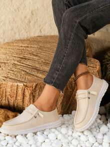 Women's Casual Corduroy Loafers - Slip-On Comfort Shoes With Elastic Laces, Lightweight Walking Sneakers For Daily Wear - Màu be - Xem 5