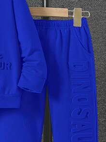 2pcs Young BoyCasual 3D Dinosaur Pattern Hooded Sweatshirt And Pants Set, Spring/Autumn - Blue - View 4